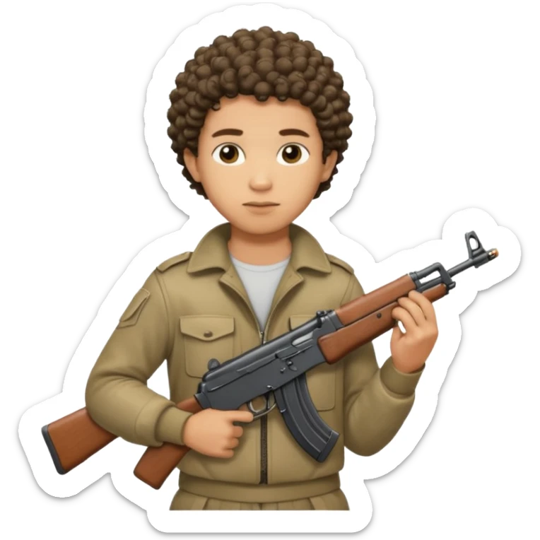AK47 in hand, light skin male with short curly hair with a lineup  sticker