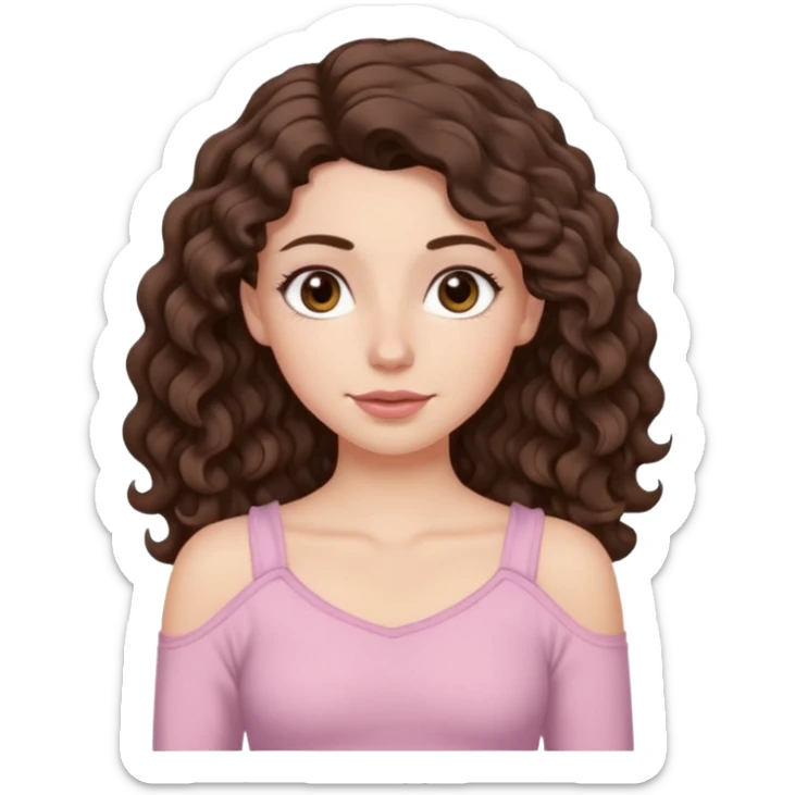 Aesthetic white girl with really long wavy/curly hair color dark brown, hair most be in front of the shoulders (hair in front of the shoulders). Big almond shape eyes color brown, small wide nose, natural lips, sweet expression. Dressed with a cute tight top color light pink. sticker
