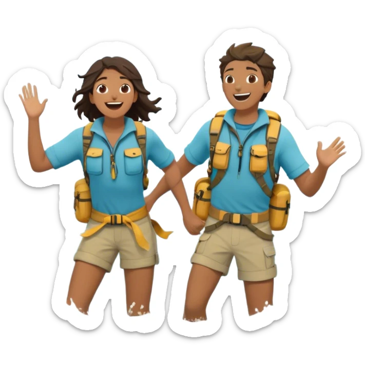 Two friends stand in the ocean, dressed in sea-worn, explorer-like clothing—loose, flowing shirts and water-ready gear that hints at adventure. They splash each other playfully, laughing as the waves crash around them. Their eyes meet, full of joy and appreciation for the moment, completely immersed sticker