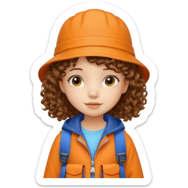 A little girl student curly brown hair, with beige bucket hat, orange jacket, blue backpack sticker