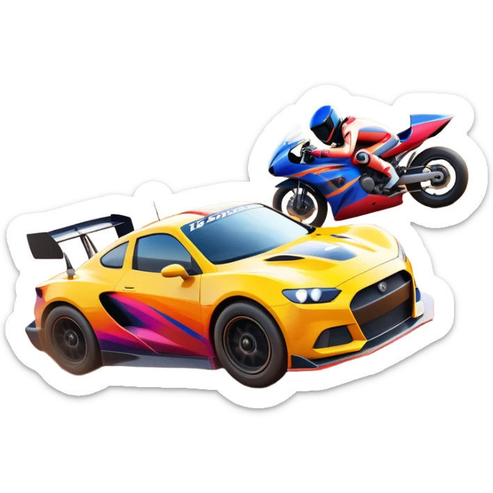 A sleek racing car and motorcycle speeding on a track, leaving a trail of dust behind. The scene captures the thrill of high-speed competition, with blurred motion and vibrant colors, highlighting the dynamic energy of motorsport. sticker