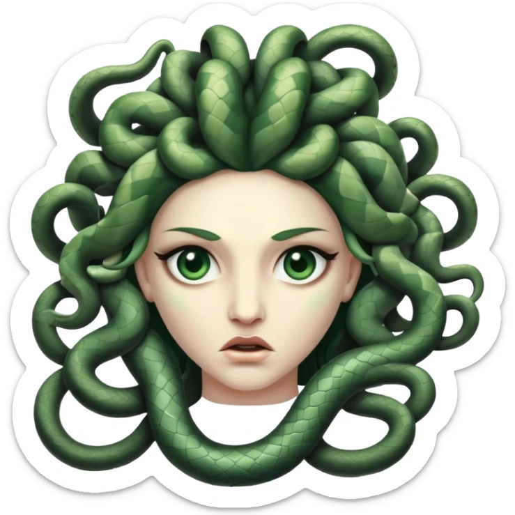 In Greek mythology, Medusa is depicted as a winged woman with a hideous face, possessing snakes for hair, glaring eyes, and protruding fangs. Her gaze turns anyone who meets it into stone. sticker