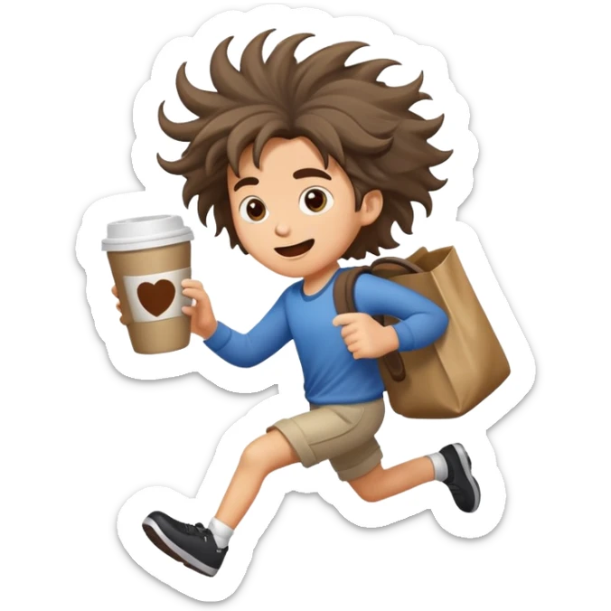 cartoon character running frantically with coffee and bag, messy hair, urban background sticker