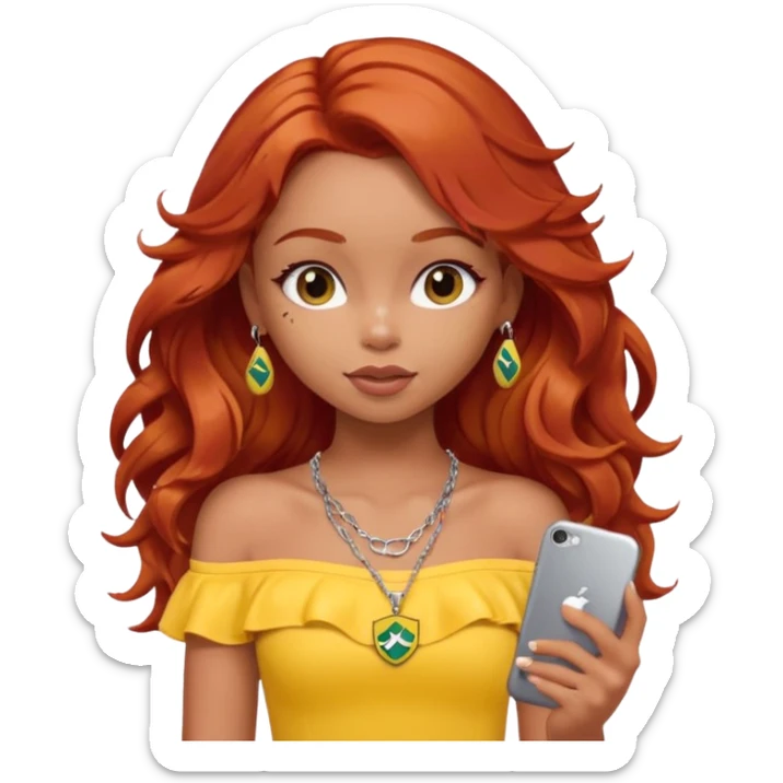 a pretty bratz girl with wavy red hair, wearing a yellow brazil jersey falling off her shoulder. silver dainty layered necklaces, carrying an iphone sticker