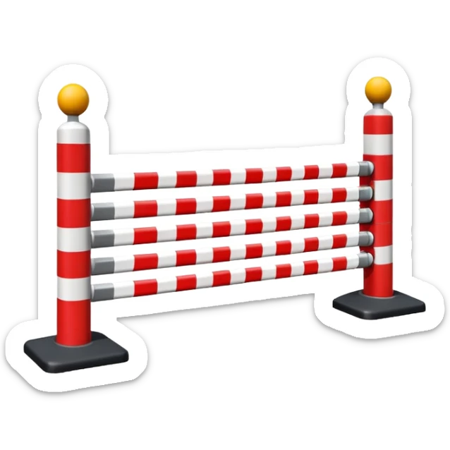 Flat emoji-style icon of a parking barrier gate (boom barrier).
Red and white striped horizontal arm, raised at a slight angle.
Simple geometric shapes, clean vector design.
No text, no background, transparent or plain background.
Bright colors, high contrast.
Centered object, minimal details. sticker