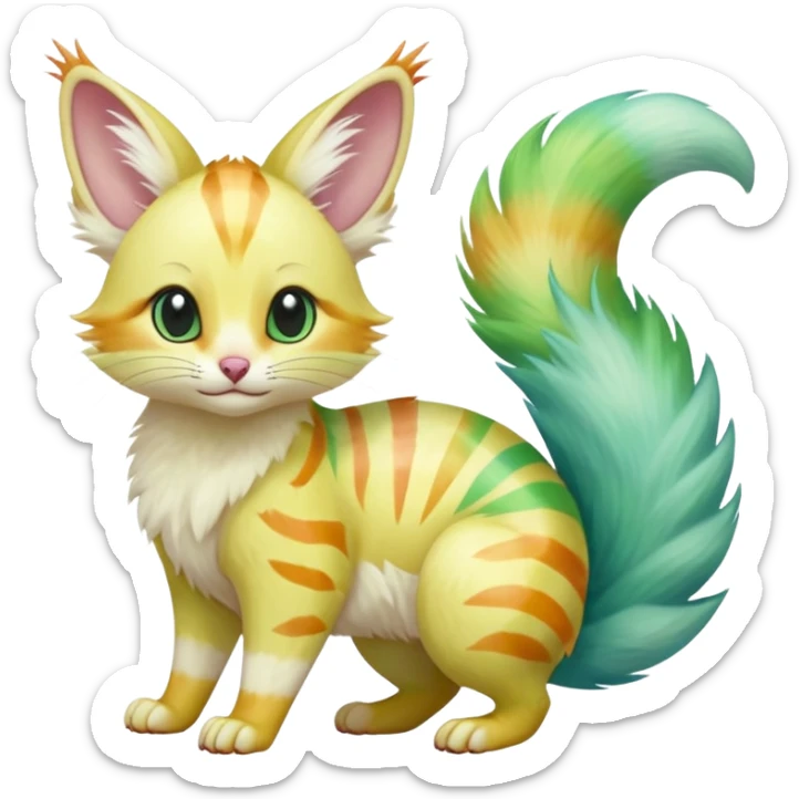  cute adorable yellow-green-turquoise-gradients albino fur with random colorful iridescent rainbow markings beautiful elegant pretty precious cute  Fakémon-Pokémon-opossum-feline-serval-caracal-chinchilla-Minccino-hybrid-creature with a big fluffy bushy striped tail (full body) sticker