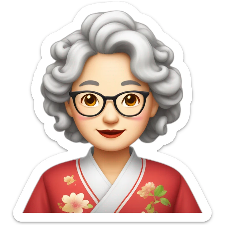 Chinese seniors lady wear glasses has wavy long hair wear Chinese traditional dress show appreciation sign sticker