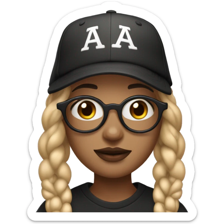 Girl with blonde hair with dark brown at the ends. She also has double nostril piercings, a septum ring, and a Medusa piercing, hazel eyes and big framed glasses. Hair is in braids with  a backwards baseball hat sticker
