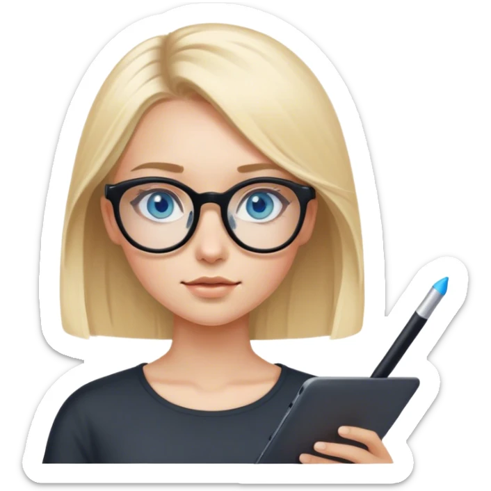 
girl with medium-length blond hair, fair skin and blue eyes in black rounded glasses with a graphics tablet sticker