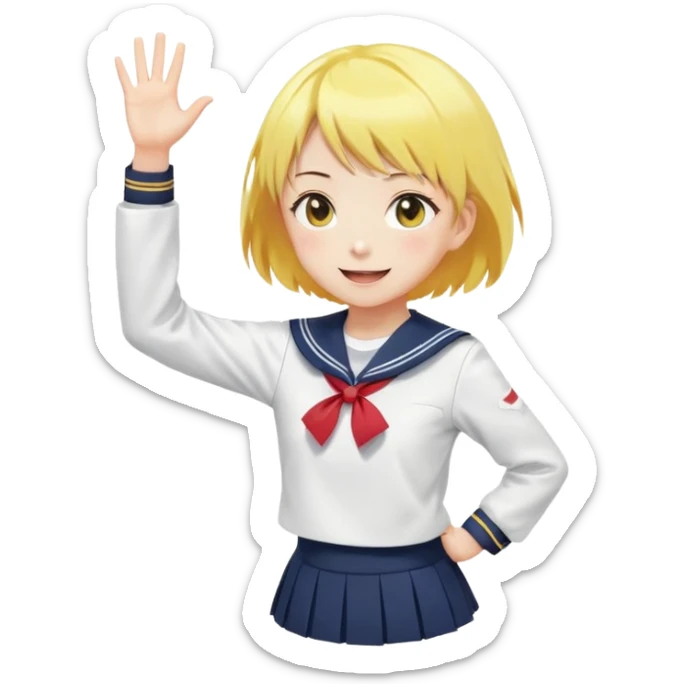 Anime girl with short bright yellow hair wearing Japanese sailor style school uniform, composed posture with hand on hip but energetically waving with other hand, excited smile and happy eyes sticker