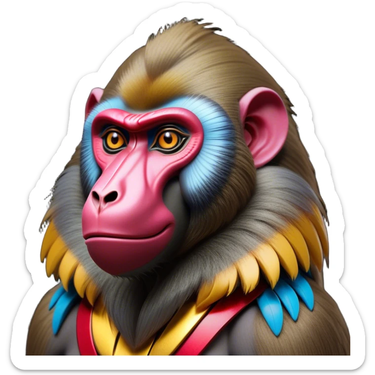 Cinematic Noble Mandrill baboon Portrait Emoji, Poised and regal, with a striking, powerful build and a vivid, deep-set soulful eyes, Simplified yet sharp and sophisticated features, highly detailed, glowing with a vibrant, dignified glow, high shine, intelligent and commanding, stylized with an air of exotic majesty, focused and attentive, soft glowing outline, capturing the essence of a watchful and confident primate, so majestic it feels as though it could step out of the screen with effortless authority! sticker