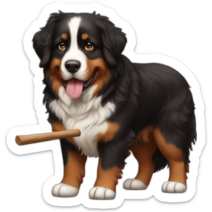 Bernese mountain dog playing with a wood stick and a brown hair womand sticker