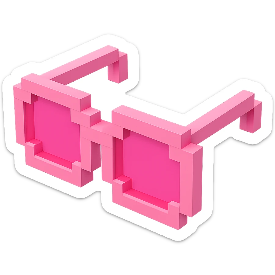 Voxel-style pink glasses with pink lenses, no background, simple and clear sticker