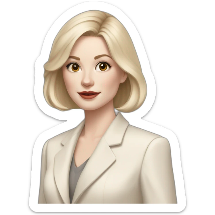 pale skin woman with ash blonde Straightened bob Hair, White Spacious classical jacket, beige palazzo Arrow pants and gray blouse holding a color palette in the hands sticker