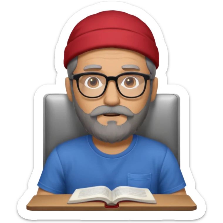 A man with a large gray beard, dark hair, wearing a t-shirt and glasses, studying. sticker