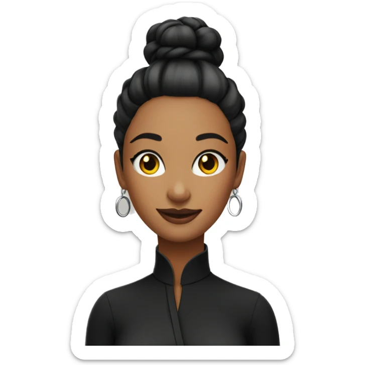 Woman with sleek bun hair with loop earrings wearing black turle neck shirt sticker