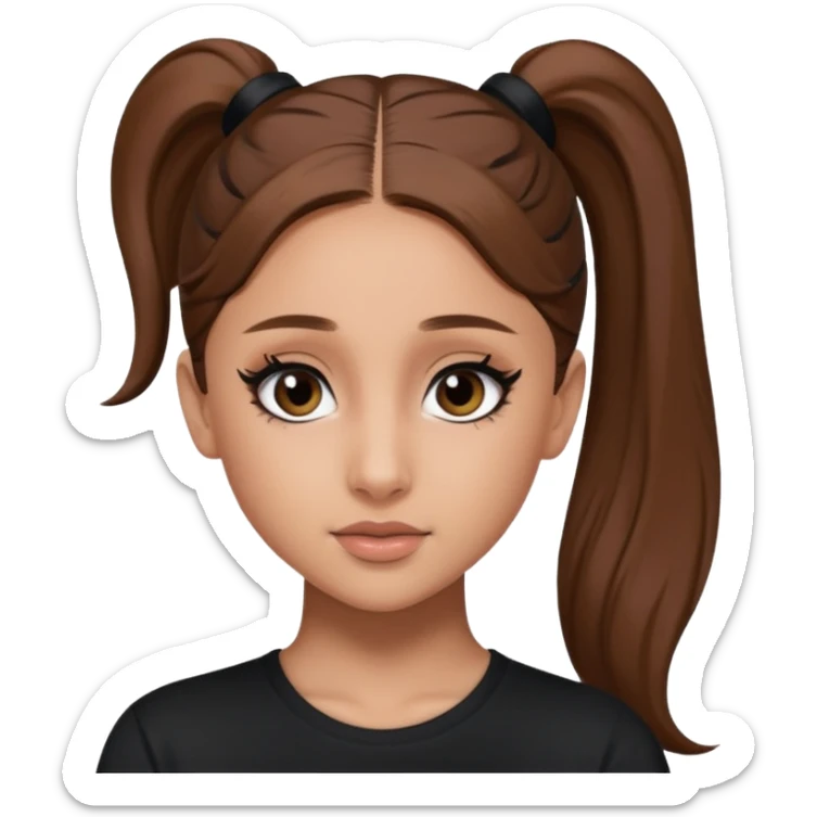 Ariana Grande high ponytaw with brown hair and with black thsirt and and eyeliner sticker
