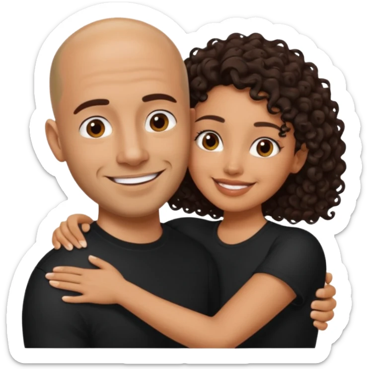 A picture of a tanned couple embracing. the man is a Mexican man with tanned skin, a bald hair cut, short beard and wearing a black shirt. the woman is mixed, with long curly dark brown hair and with big boobs  sticker