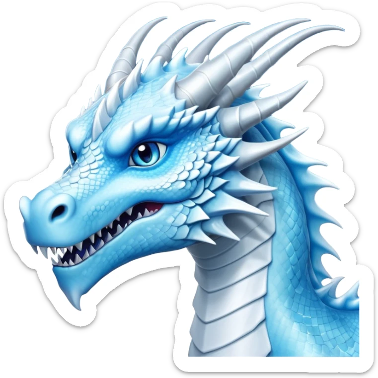 Cinematic Noble elegant Ice Dragon Portrait Emoji, Poised and imposing, distinct long elegant snout, with a slender, scaled body shimmering in glacial hues of icy blue, frostbitten silver, and crystalline white, breathing out frost, with piercing, glowing blue eyes that radiate the chilling depths of an arctic storm; rendered in detail. sticker