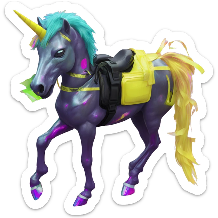 .Zombie_ Vaporwave black holographic oilslick zombie unicorn yellow caution tape graffiti Pegasus with  prosthetic leg  sticker