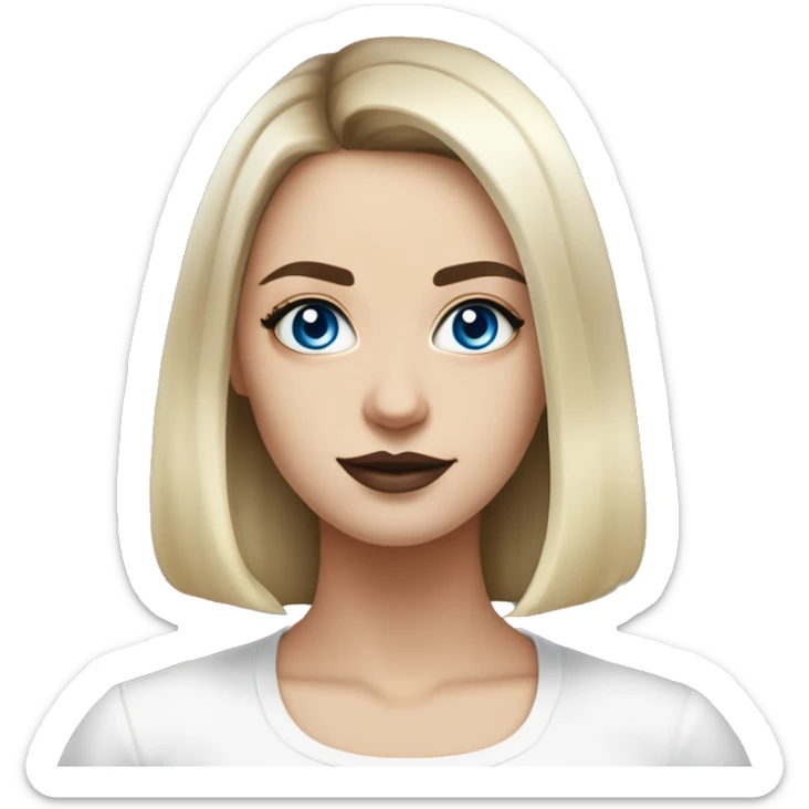 waist-length portrait, looking up, Slavic adult woman, goth eyes makeup, blue eyes, medium bob black-to-blonde ombre straight hair, white T-shirt and black office jacket. sticker