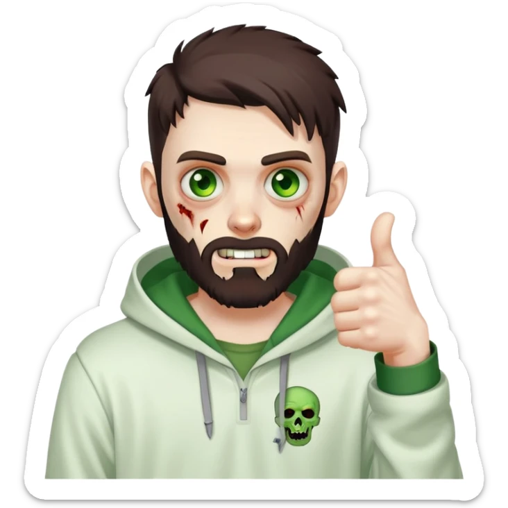 zombie with thumbs up gesture, undercut hairstyle with dark brown hair, short full beard, heterochromia with one green eye and one brown eye, wearing plain white hoodie sticker