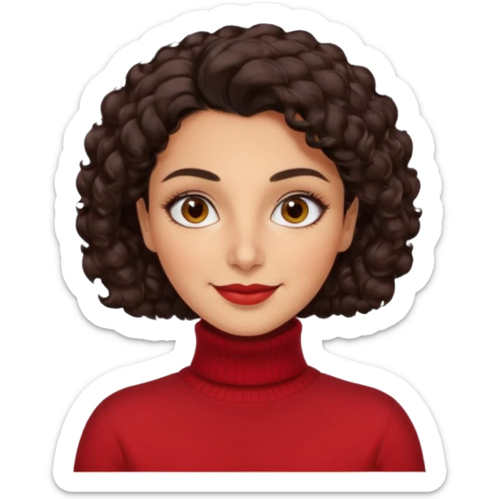 30 yr iranian woman dark brown hair curly wavy short hair, red turtle neck sweater, thick eyebrows sticker