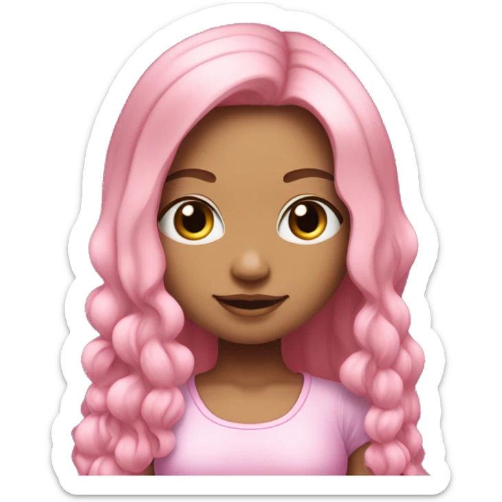 Menina tem cabelo dividido de um lado cabelo rosa do outro lado cabelo Lilás. A menina está usando um vestido rosa claro com detalhes de flores brancas na barra e calçando tênis rosa brilhane sticker