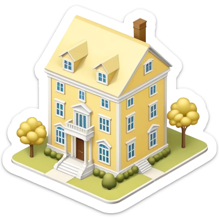 Light yellow sorority house mansion, southern, isometric dollhouse-style, realistic sticker