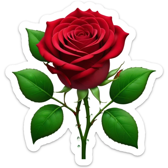 Cinematic Realistic Rose Emoji, Elegant and full of grace, with velvety, deep red petals unfurling in a perfect bloom, dew drops glistening on the soft edges, and a faint fragrance hanging in the air. The lush green leaves surround the stem, creating a vibrant contrast to the rich color of the petals. Soft glowing outline, capturing the essence of timeless beauty and romance in a single bloom. sticker