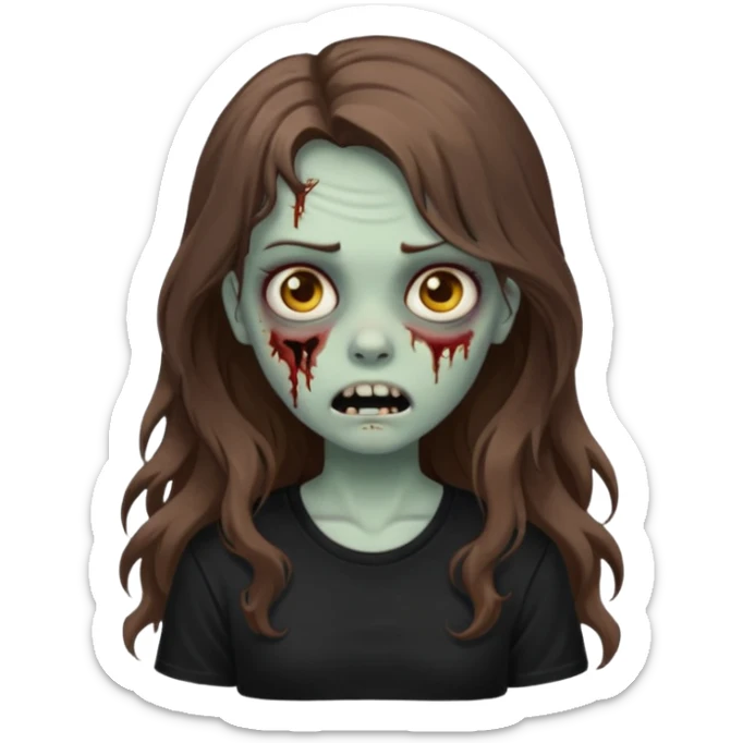 crie um emoji de uma garota zoombie cabelo castanho e longo , assustadora e fofa com cabelo ondulado 2b e camiseta básica preta sticker