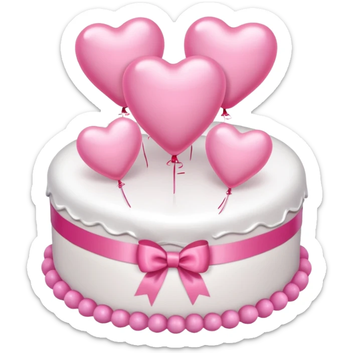 white heart shaped birthday cake with pink bow, pink balloons in background  sticker