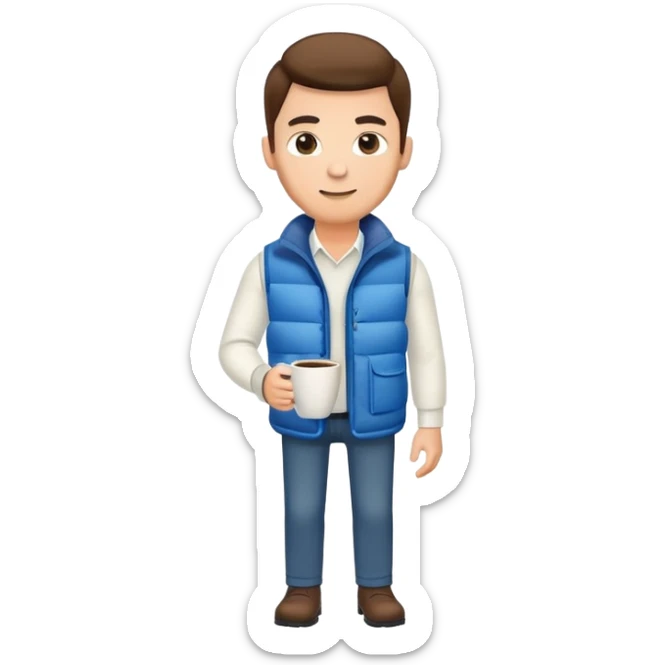 full body man wearing long sleeve white shirt with blue puffy winter vest holding a cup of coffee in front of him sticker