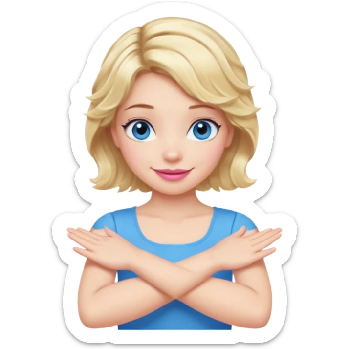 Girl Blonde short wavy hair,  blue eyes, cute blue top, long lashes, pink lips, smiling, making cross arms X with arms  sticker
