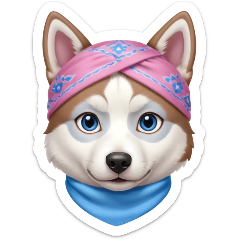 Husky siberiano fêmea, toda branca um olho azul e outro metade azul e marrom. Com bandana rosa sticker