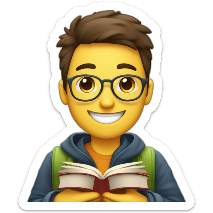 joven estudiante con todos sus libros que son muchos, de piel blanca muy feliz y sonriente con un libro en sus manos, y sobre su cabeza, atiborrado de libros sticker