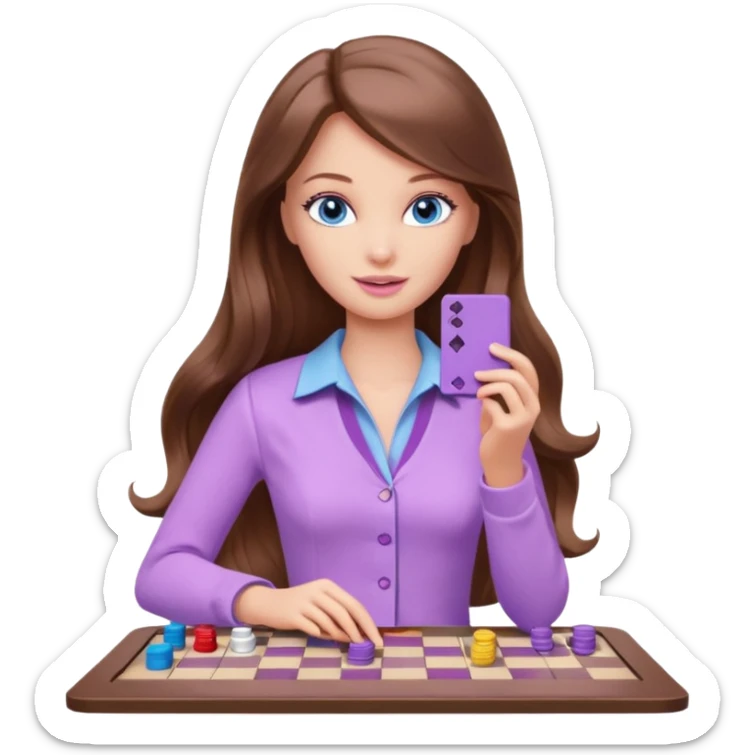 beautiful barbie girl with long brown hair, blue eyes and wearing light purple clothes playing board games sticker