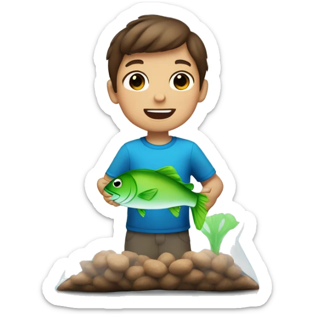 Little boy with brown hair holding a blue and green fish in a clear plastic bag sticker