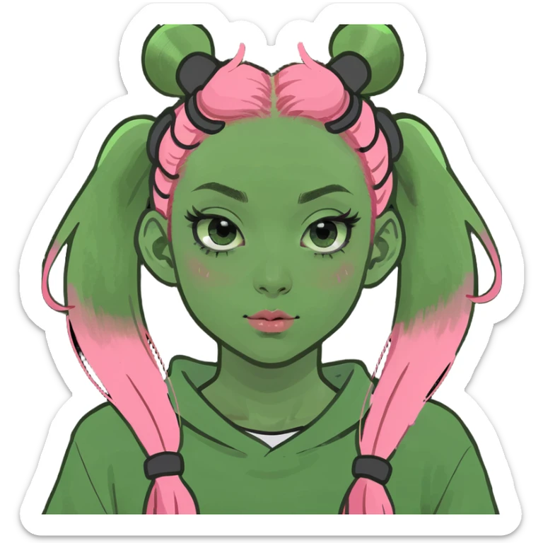 Girl with full lips grinning big, squinty eyes, and long eyelashes. Pink long hair with long bangs at the front, and two space buns on top of her head sticker