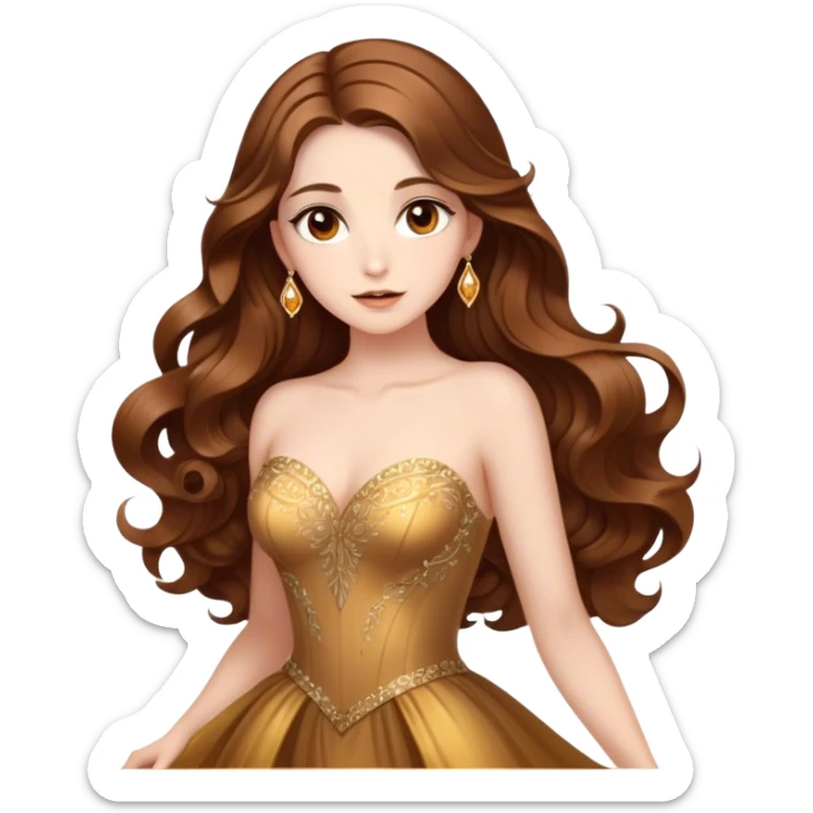Cinematic Stunning Belle Portrait Emoji, Deep brown eyes full of curiosity, long chestnut hair flowing in soft waves, wearing her golden ballroom gown, glowing with warmth and elegance, a princess whose beauty is as radiant as her mind! sticker