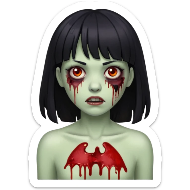 Um zumbi feminino, com cabelo preto e franja, machucados pelo rosto e torso sticker