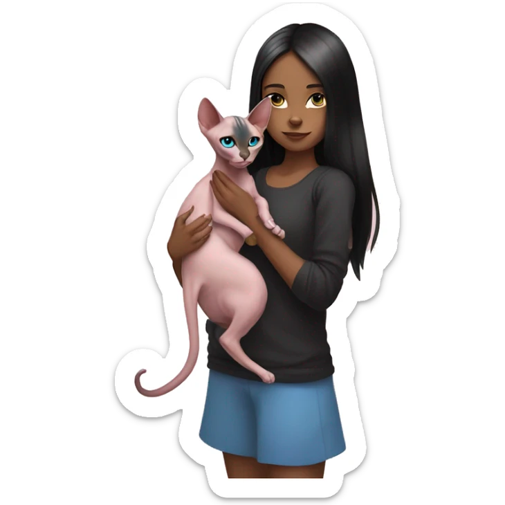 A girl with long black hair holds a pink sphinx cat with blue eyes in her arms sticker