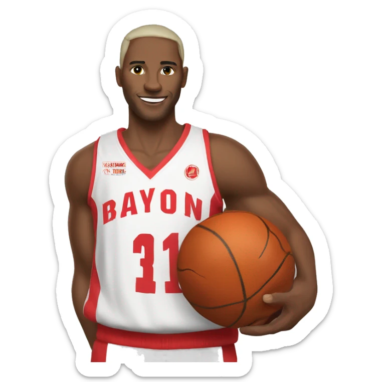 basketball player in a red and white jersey holding a basketball in one hand and showing her 5 fingers with the other.  sticker