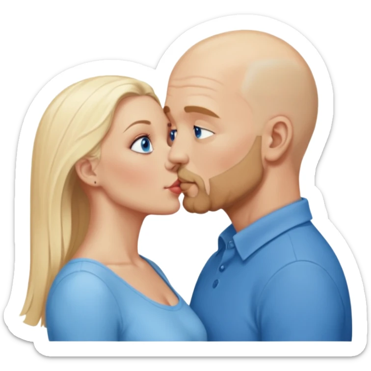 middle age bald man with salt and blonde scruff, blue eyes and blonde woman with blue eyes kissing each other sticker