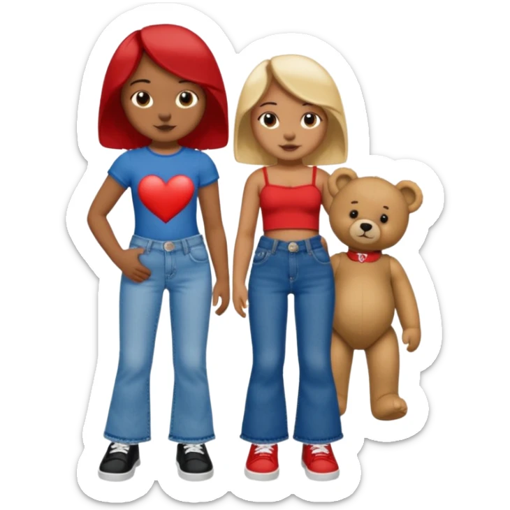 A boy and a girl teddy bear for the boy bear put on true religion shirt and jeans with black shoes and for the girl put flare jeans and a red tube top and white shoes just bears not the humans  sticker