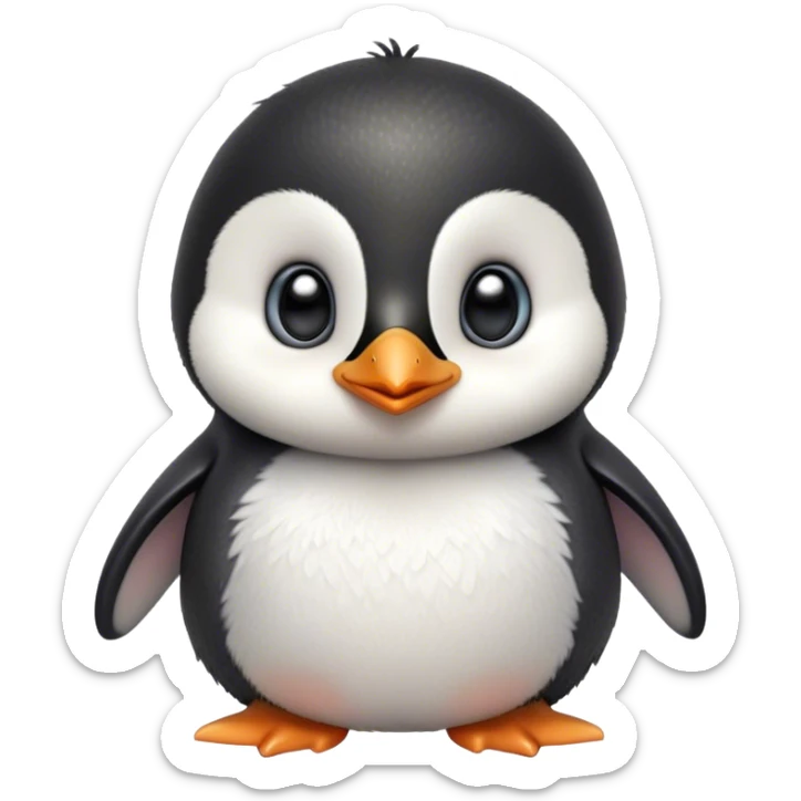 Cinematic Cute Baby Penguin Portrait Emoji, Head tilted playfully and inquisitively, with irresistibly fluffy plumage accented by a tiny beak and round, sparkling eyes filled with wonder, Simplified yet irresistibly adorable features, highly detailed, glowing with a warm, friendly polar glow, high shine, affectionate and lively, stylized with a touch of whimsical charm, bright and endearing, soft glowing outline, capturing the essence of a mischievous yet loving penguin that feels like it could slide out of the screen into your arms! sticker