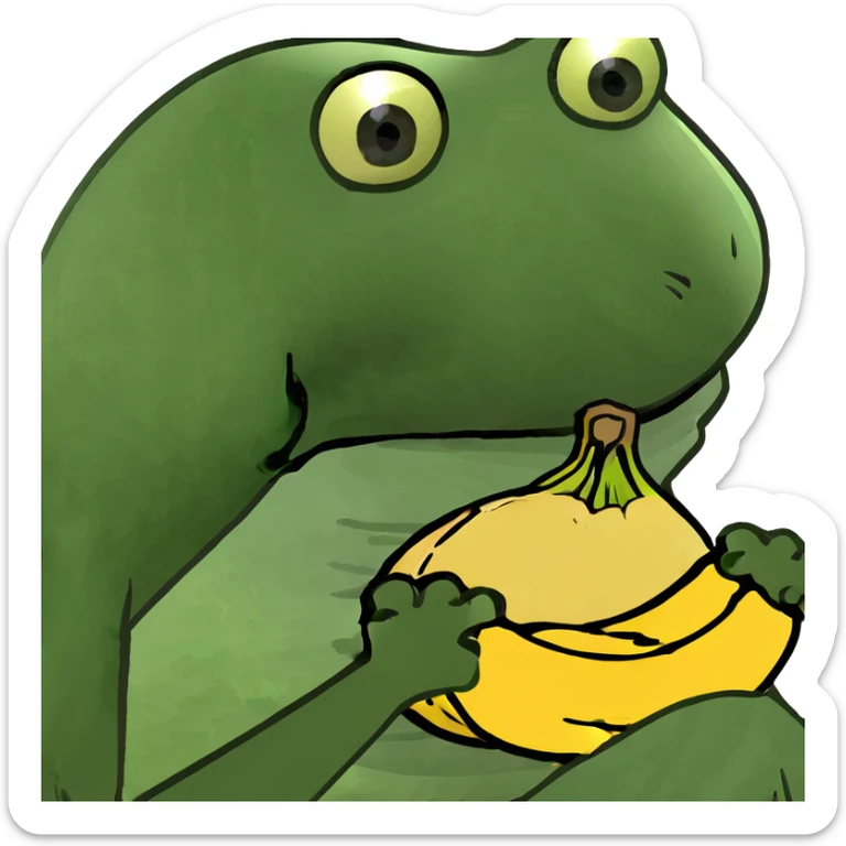 close-up of Pepe the frog eating a banana, bufo style meme sticker