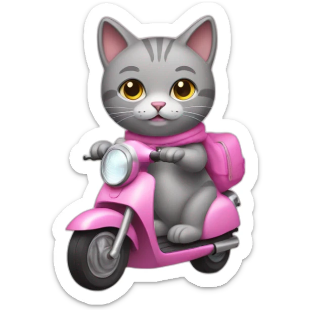 A gray stuffed cat. This cat is wearing a sleeveless sweater with a pink hood. He rides a scooter. sticker