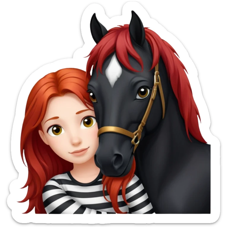 A red-haired girl with long hair in the form of a rider hugs a black horse with a white stripe on her face and he has a black mane sticker