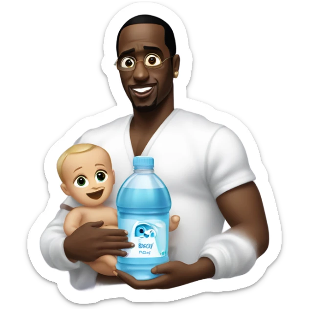 P diddy holding a baby and a bottle of baby oil sticker